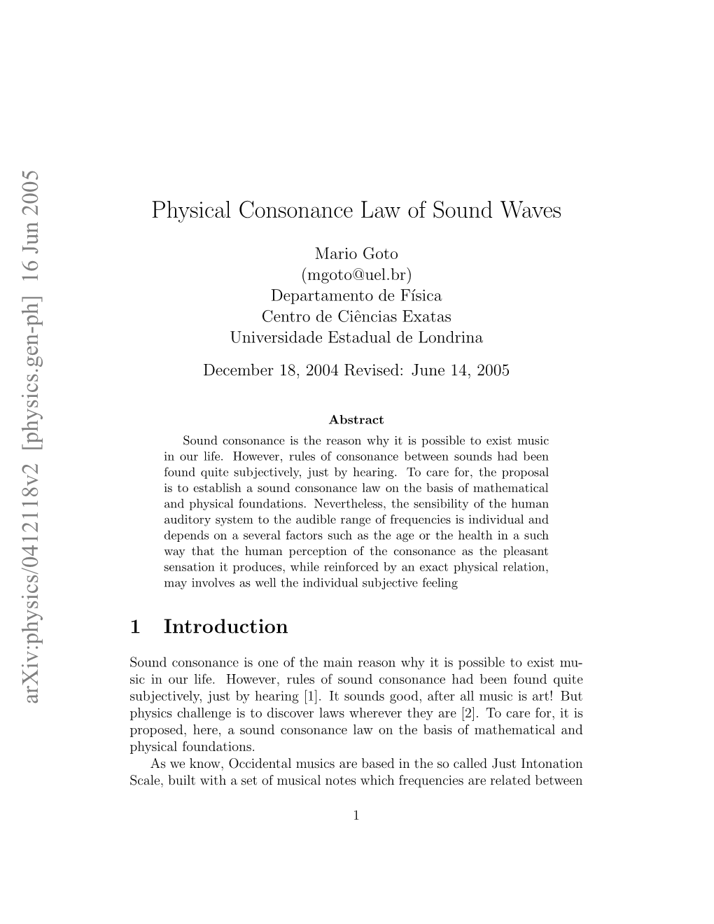 16 Jun 2005 Physical Consonance Law of Sound Waves