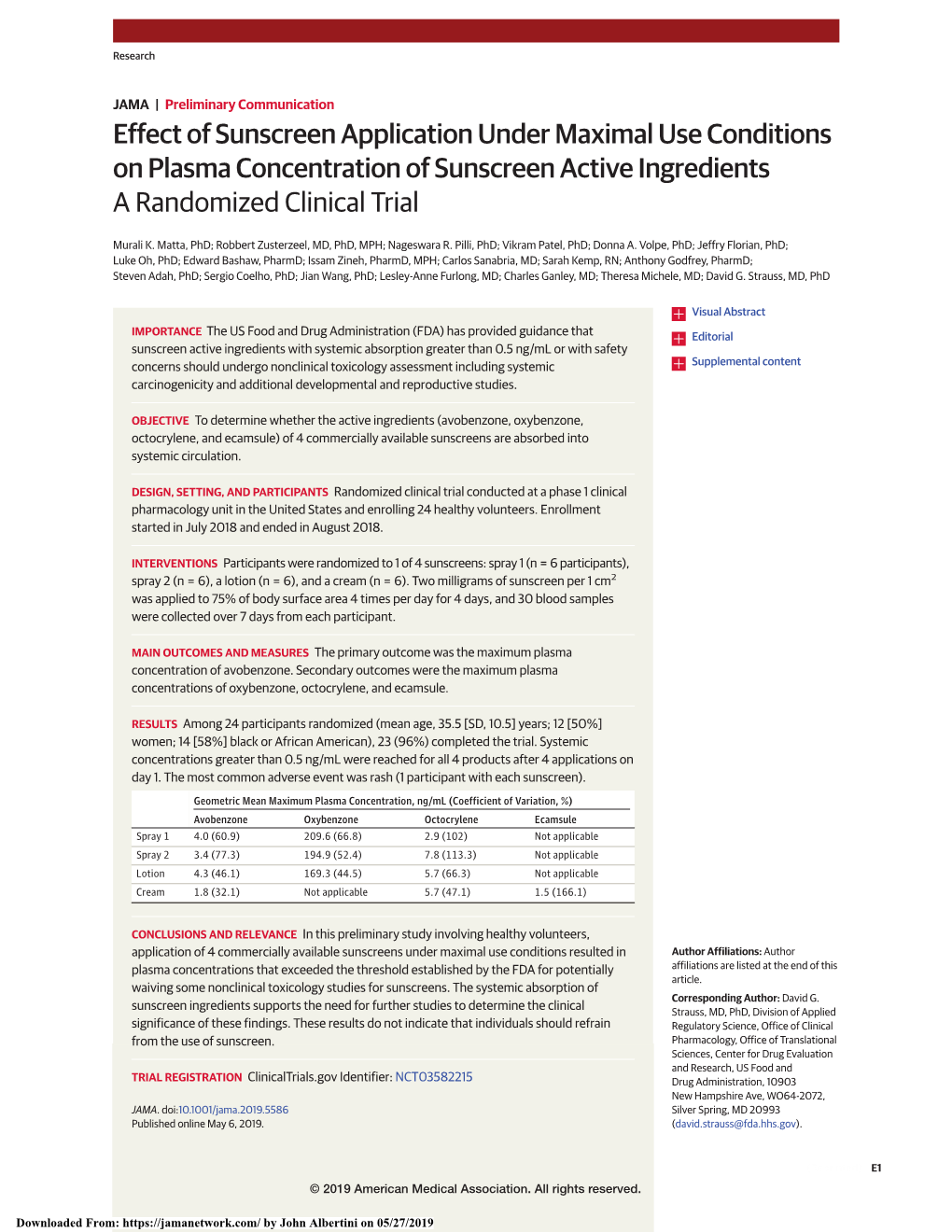 Effect of Sunscreen Application Under Maximal Use Conditions on Plasma Concentration of Sunscreen Active Ingredients a Randomized Clinical Trial