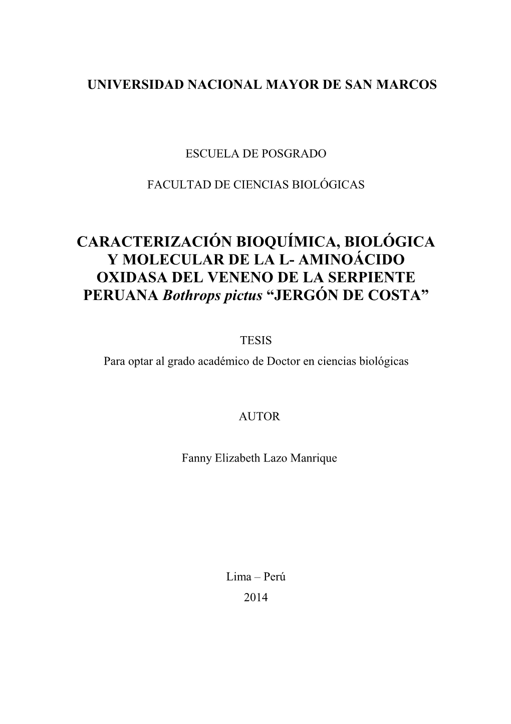 AMINOÁCIDO OXIDASA DEL VENENO DE LA SERPIENTE PERUANA Bothrops Pictus “JERGÓN DE COSTA”