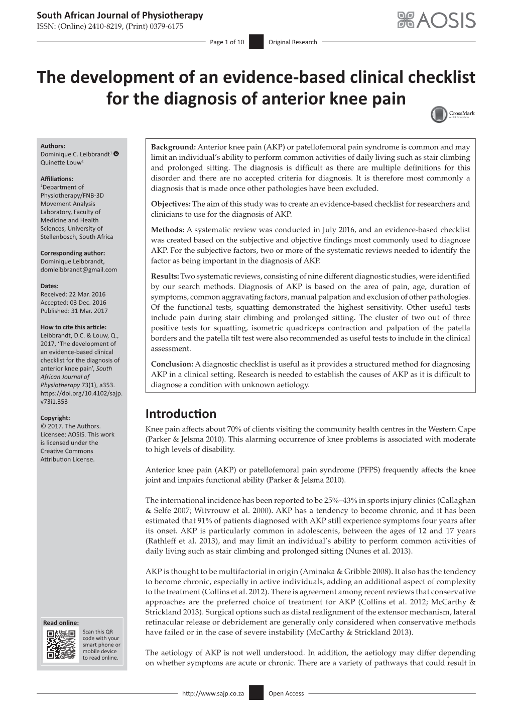 The Development of an Evidence-Based Clinical Checklist for the Diagnosis of Anterior Knee Pain