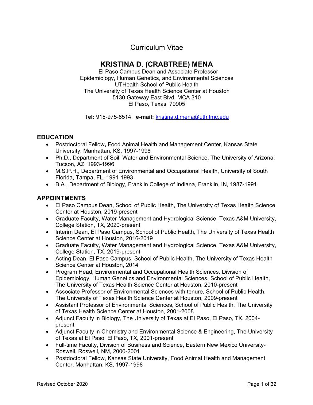 Curriculum Vitae KRISTINA D. (CRABTREE) MENA