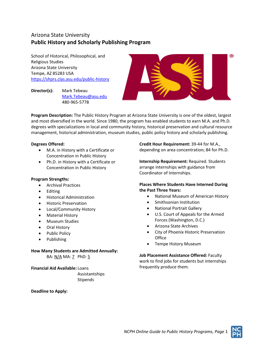 Arizona State University Public History and Scholarly Publishing Program