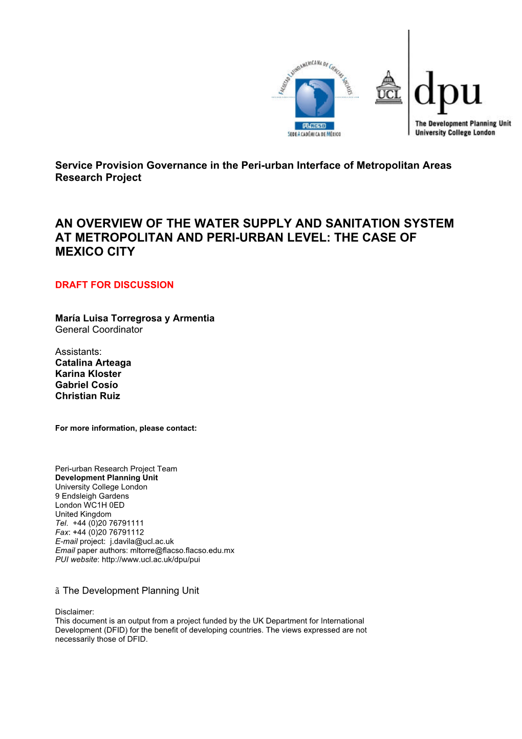 An Overview of the Water Supply and Sanitation System at Metropolitan and Peri-Urban Level: the Case of Mexico City