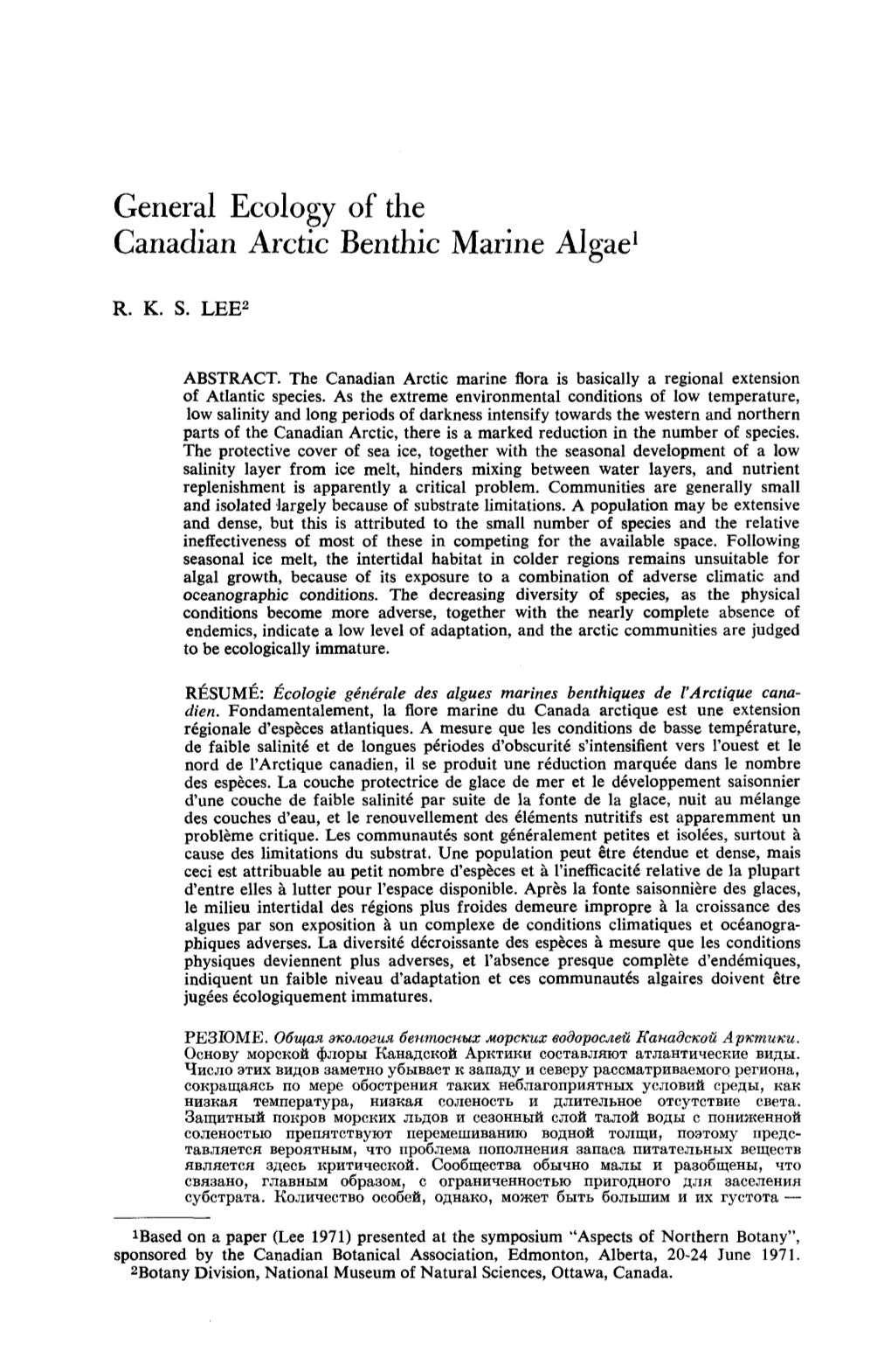 General Ecology of the Canadian Arctic Benthic Marine Algae1