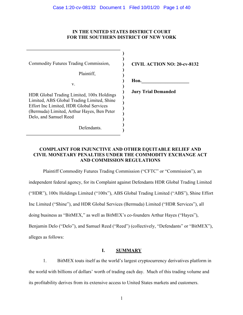 Complaint for Injunctive and Other Equitable Relief and Civil Monetary Penalties Under the Commodity Exchange Act and Commission Regulations