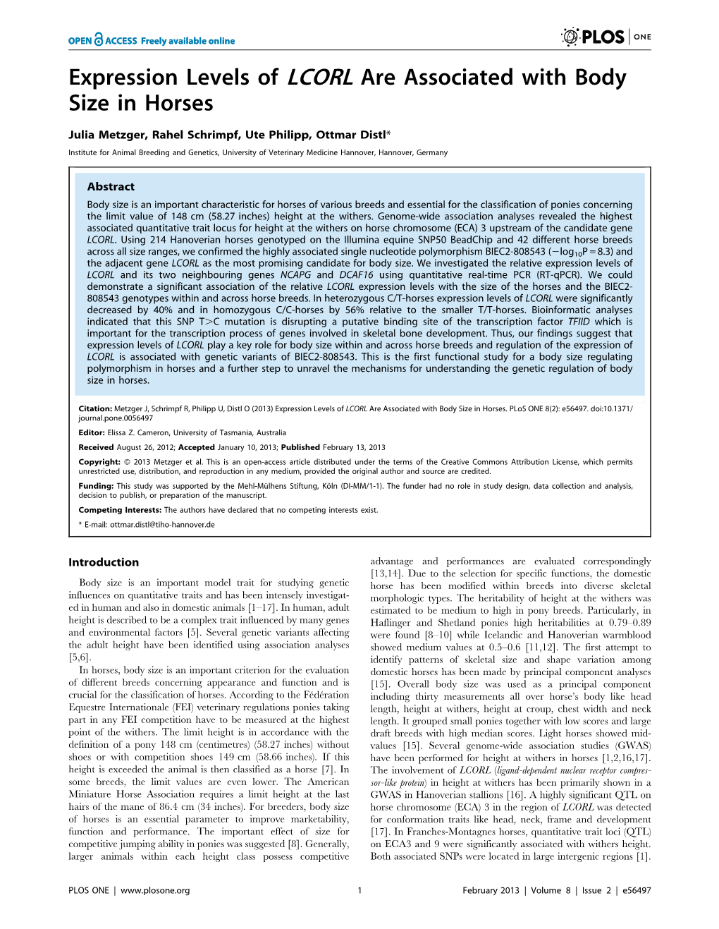 Expression Levels of LCORL Are Associated with Body Size in Horses