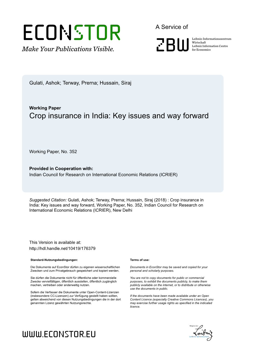 Crop Insurance in India: Key Issues and Way Forward