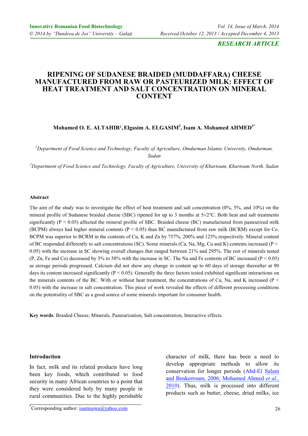 Ripening of Sudanese Braided (Muddaffara) Cheese Manufactured from Raw Or Pasteurized Milk: Effect of Heat Treatment and Salt Concentration on Mineral Content