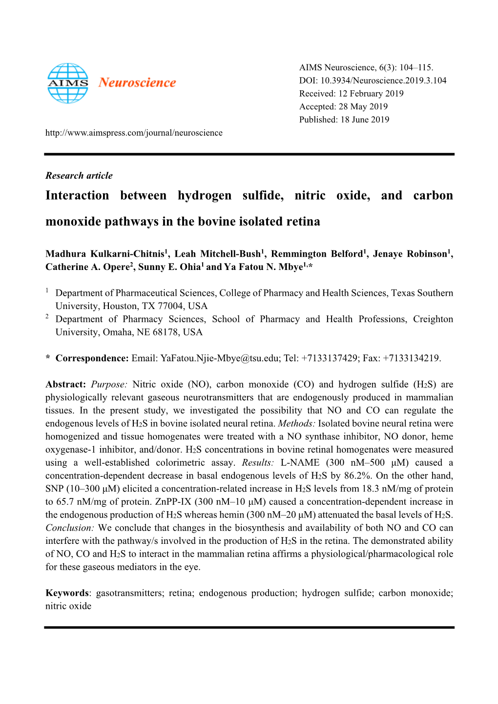 Interaction Between Hydrogen Sulfide, Nitric Oxide, and Carbon Monoxide Pathways in the Bovine Isolated Retina