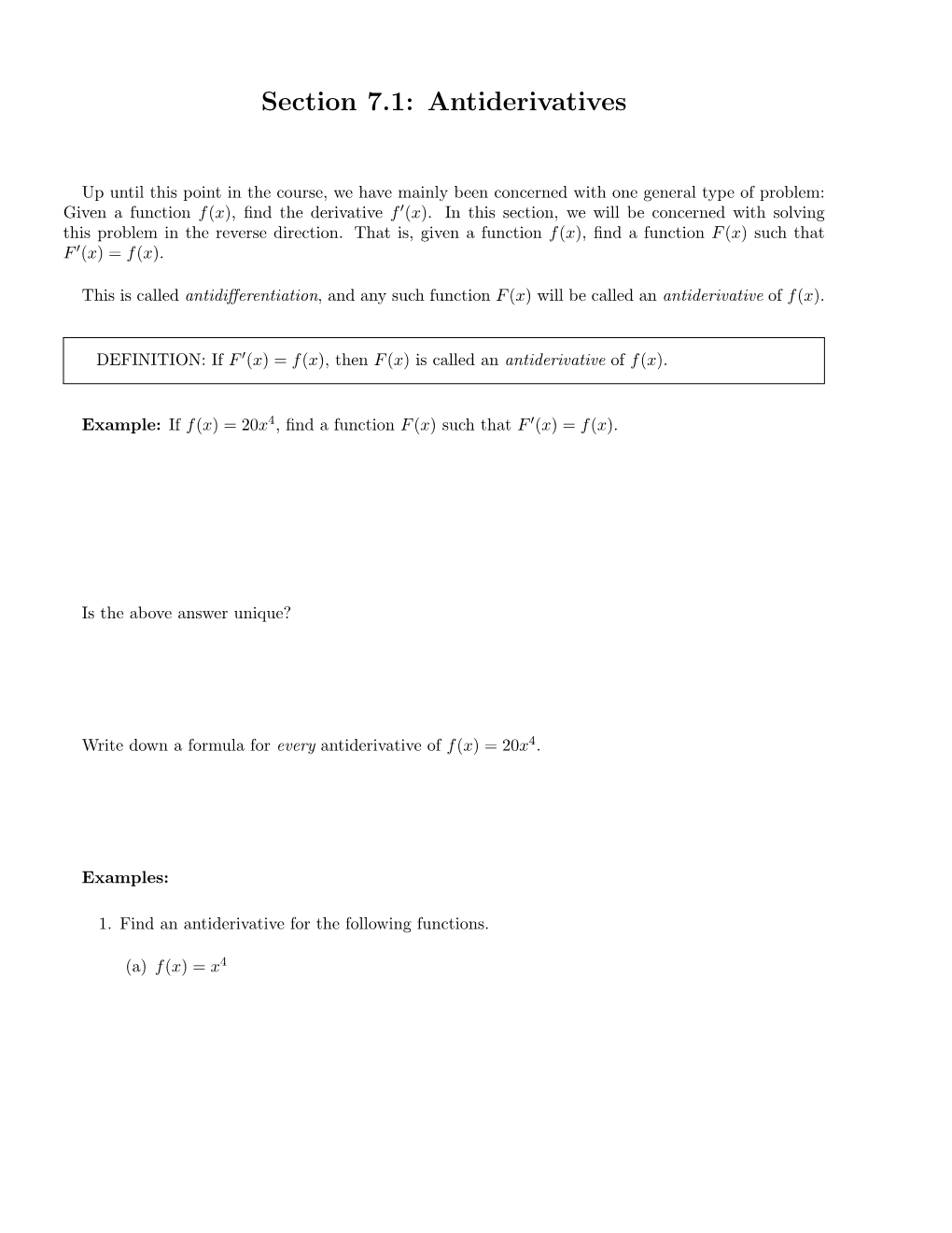 Section 7.1: Antiderivatives