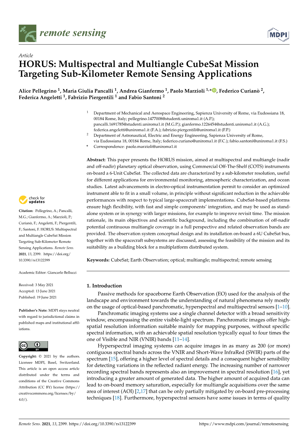 Multispectral and Multiangle Cubesat Mission Targeting Sub-Kilometer Remote Sensing Applications