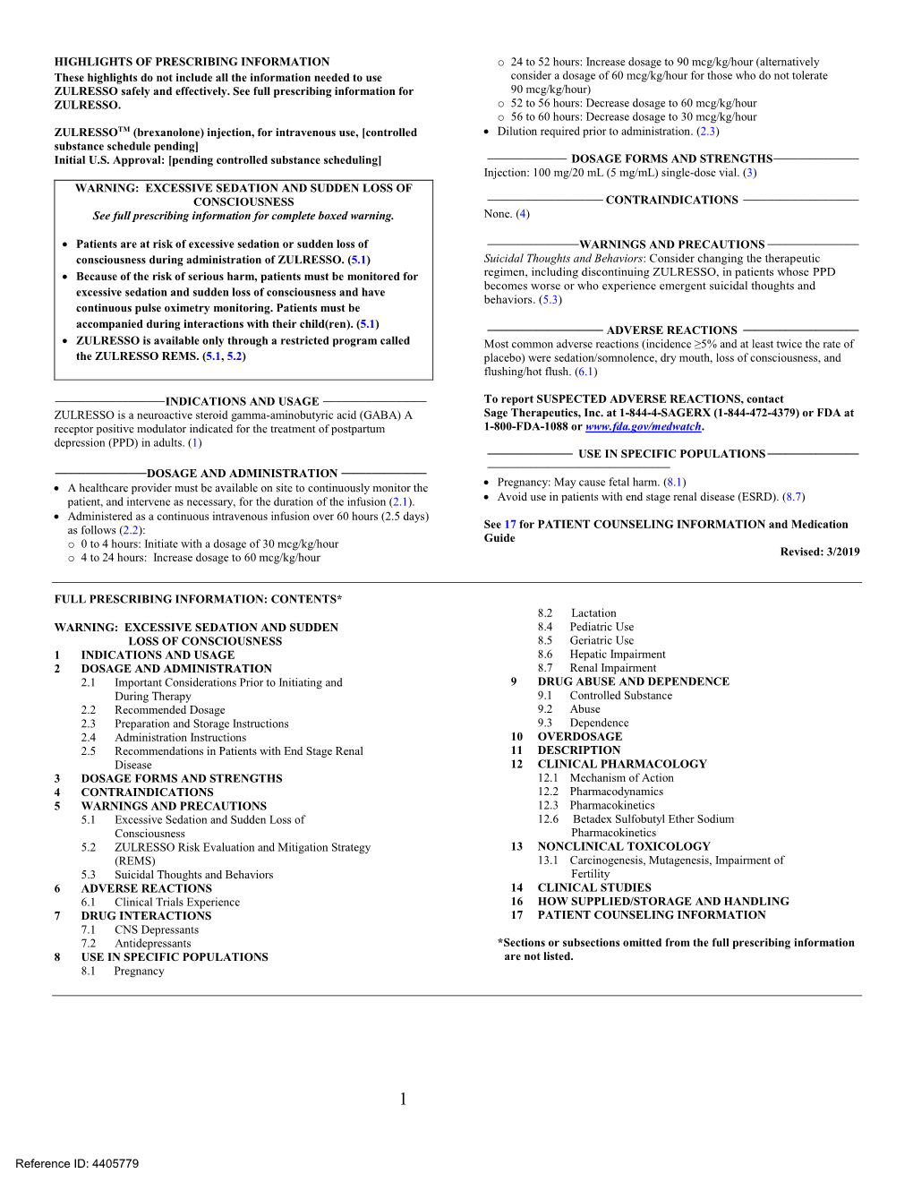 Brexanolone) Injection, for Intravenous Use, [Controlled • Dilution Required Prior to Administration