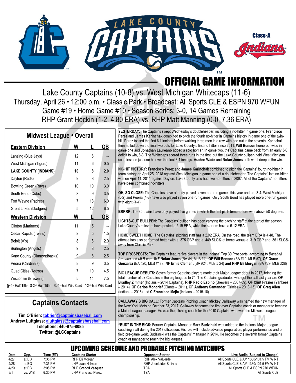 OFFICIAL GAME INFORMATION Lake County Captains (10-8) Vs