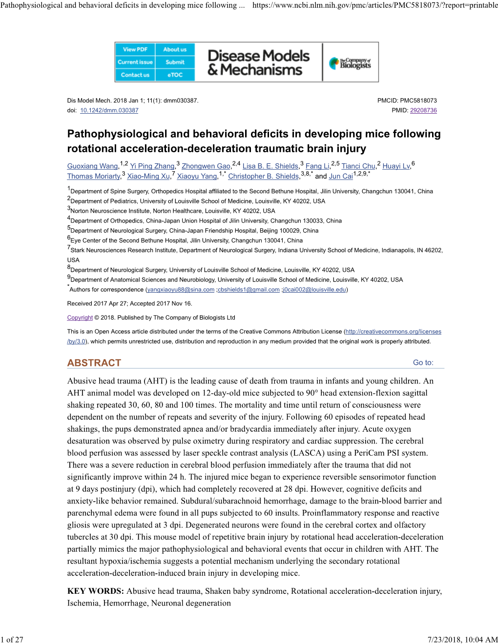 Pathophysiological and Behavioral Deficits in Developing Mice Following