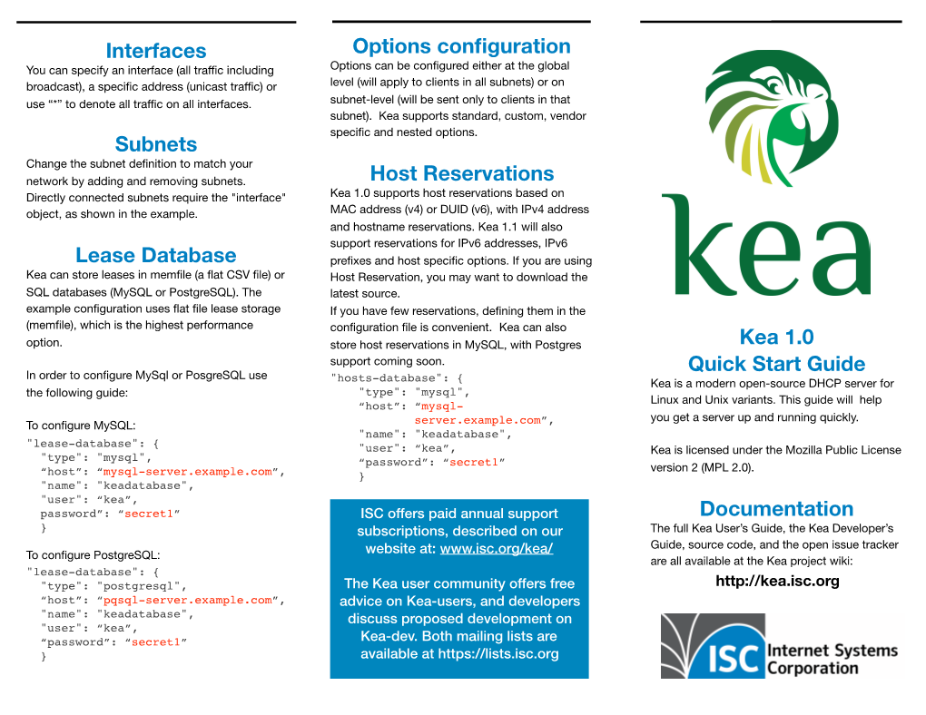 Options Configuration Host Reservations Kea 1.0 Quick Start