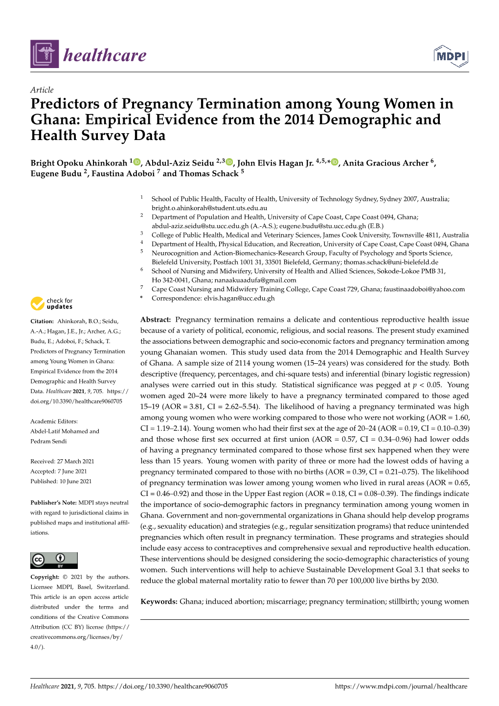 Predictors of Pregnancy Termination Among Young Women in Ghana: Empirical Evidence from the 2014 Demographic and Health Survey Data