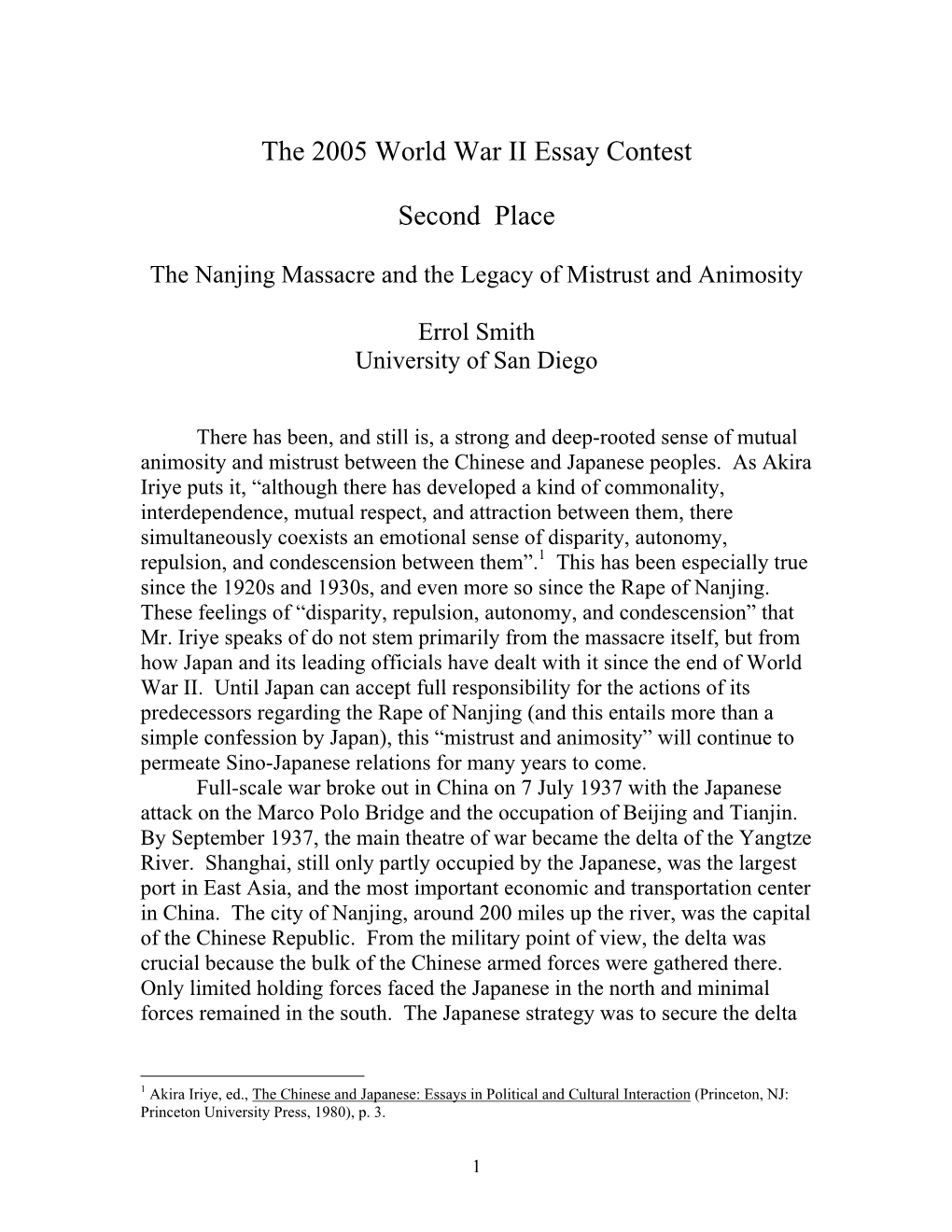 The 2005 World War II Essay Contest Second Place