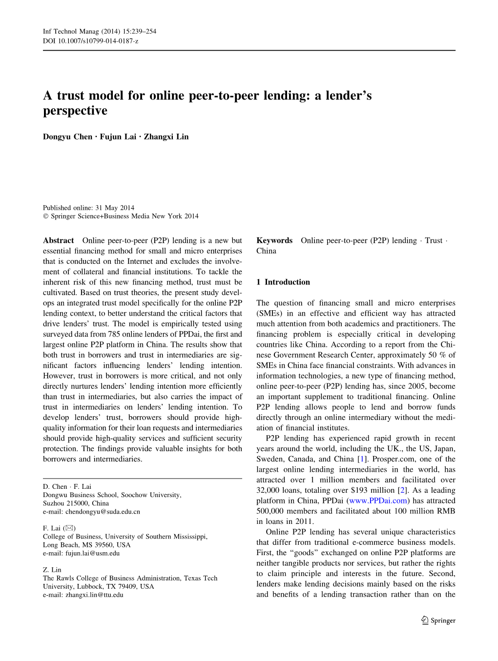 A Trust Model for Online Peer-To-Peer Lending: a Lender's Perspective