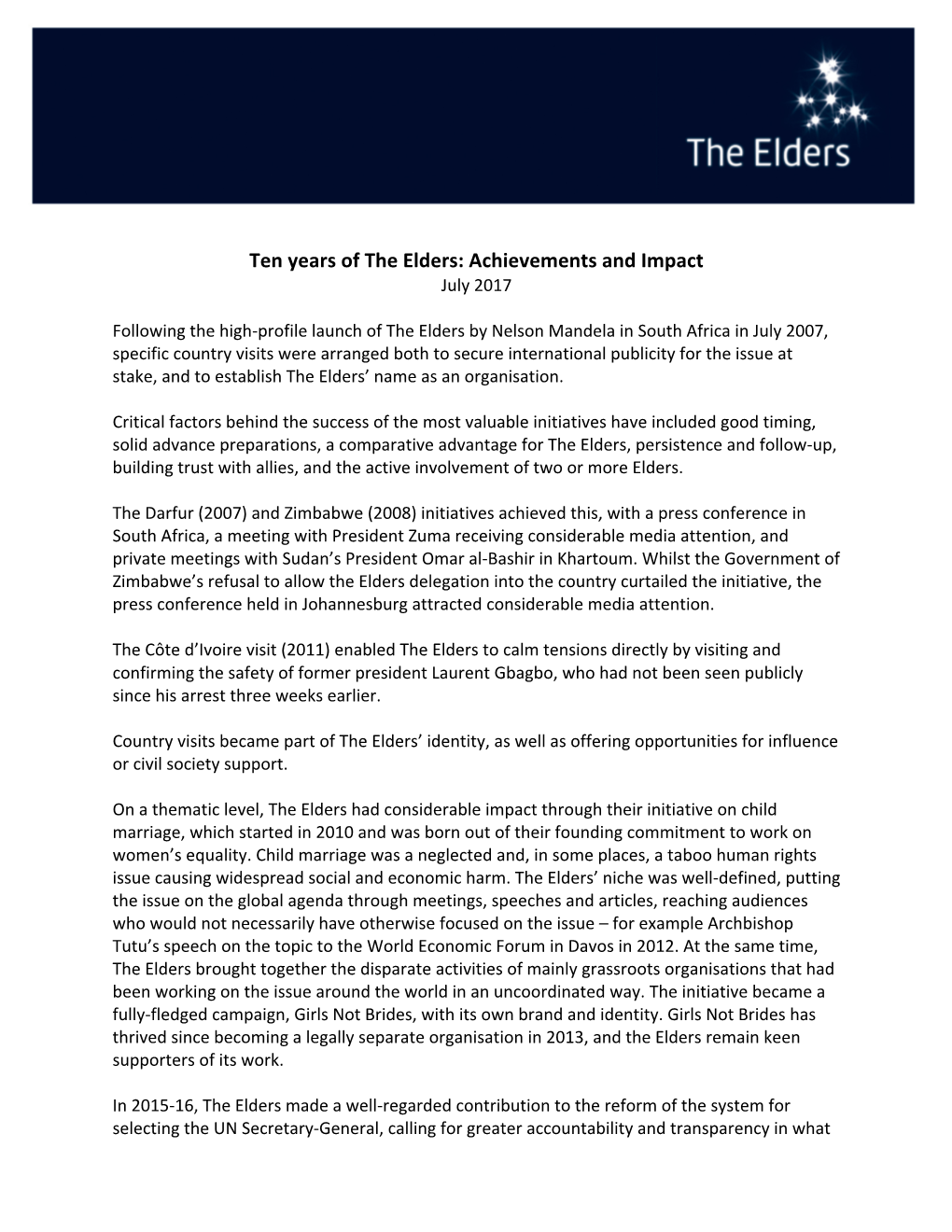 Ten Years of the Elders: Achievements and Impact July 2017