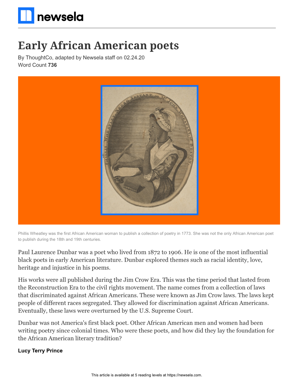 Early African American Poets by Thoughtco, Adapted by Newsela Staff on 02.24.20 Word Count 736