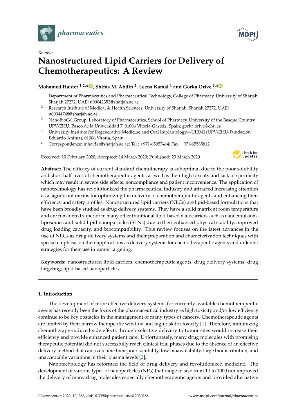 Nanostructured Lipid Carriers for Delivery of Chemotherapeutics: a Review