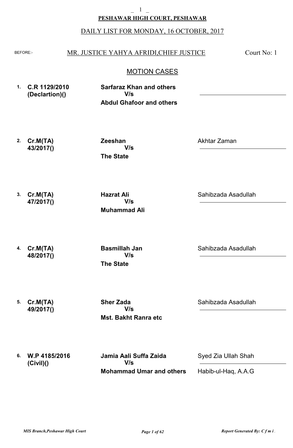 DAILY LIST for MONDAY, 16 OCTOBER, 2017 MOTION CASES MR. JUSTICE YAHYA AFRIDI,CHIEF JUSTICE Court No