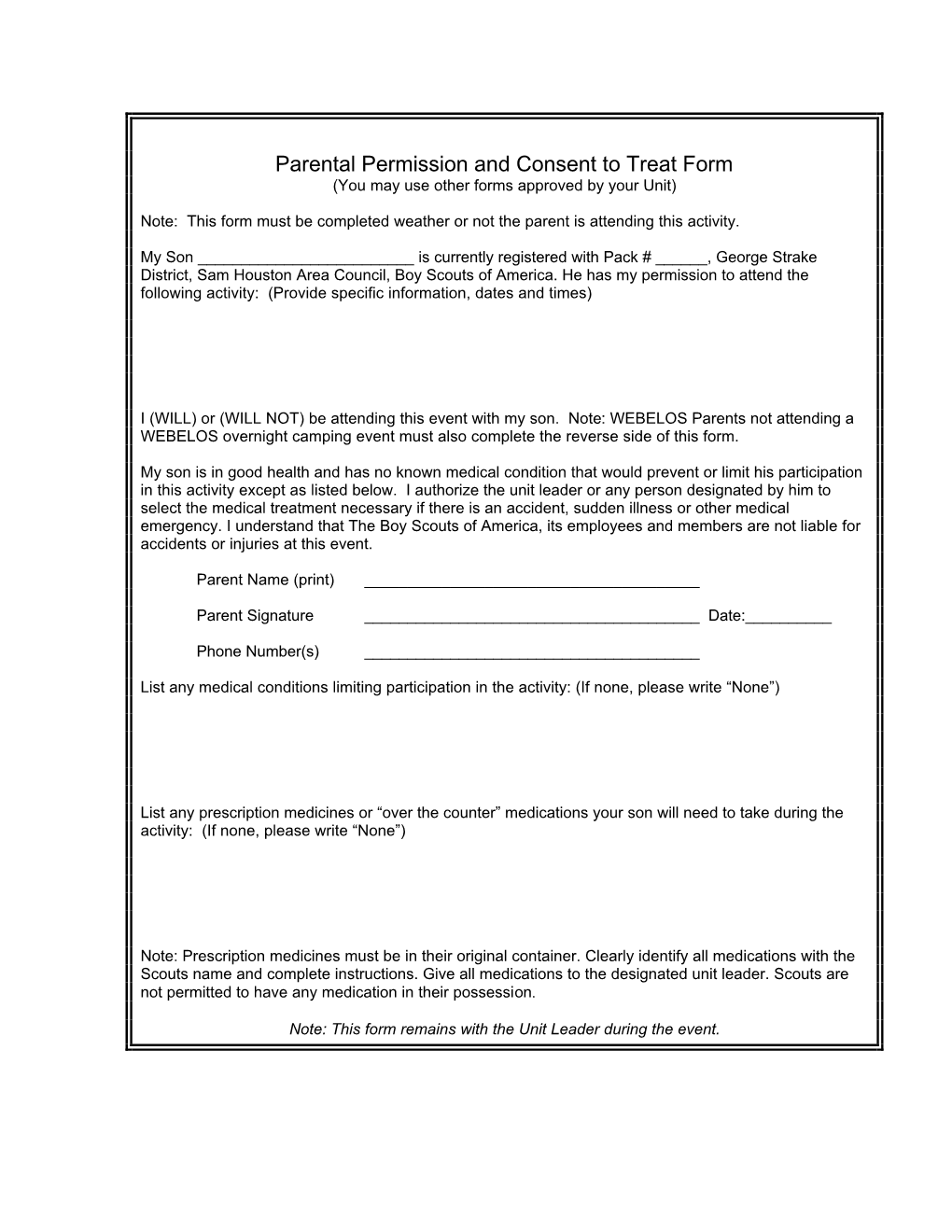 Parental Permission and Consent to Treat Form (You May Use Other Forms Approved by Your Unit)