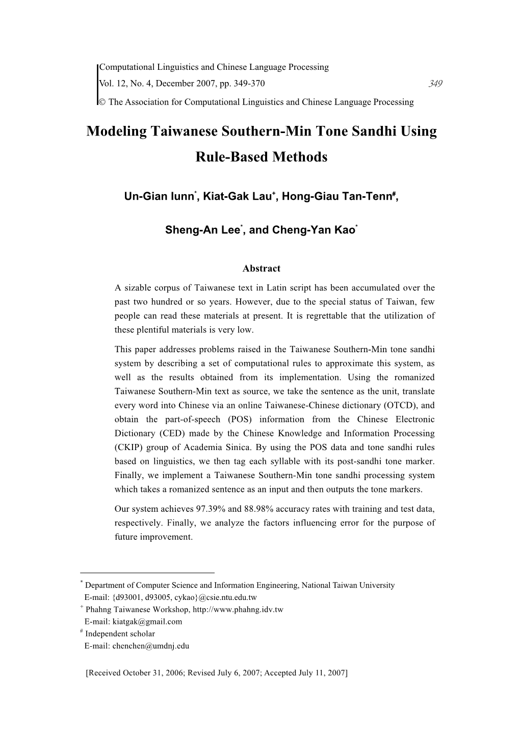 Modeling Taiwanese Southern-Min Tone Sandhi Using Rule-Based Methods