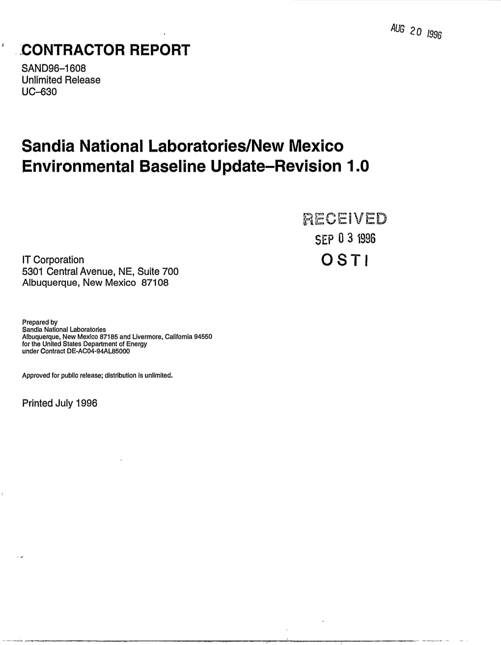 CONTRACTOR REPORT Sandia National Laboratories/New Mexico