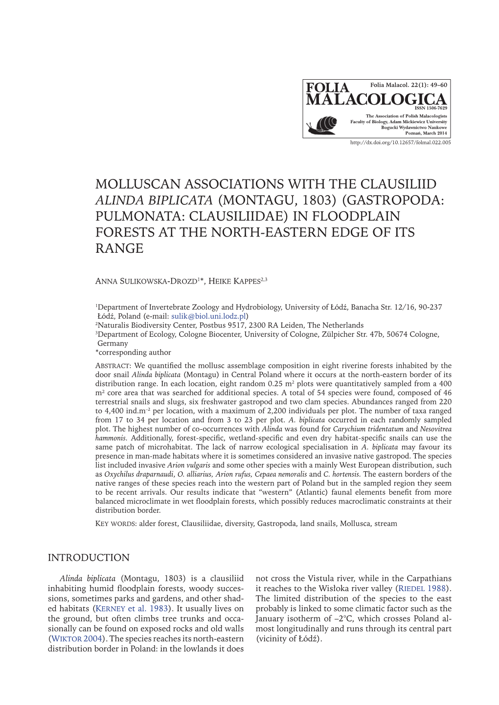 Molluscan Associations with the Clausiliid Alinda