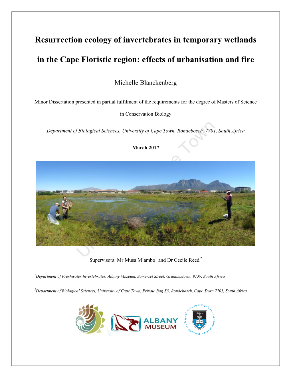 Resurrection Ecology of Invertebrates in Temporary Wetlands in the Cape Floristic Region: Effects of Urbanisation and Fire