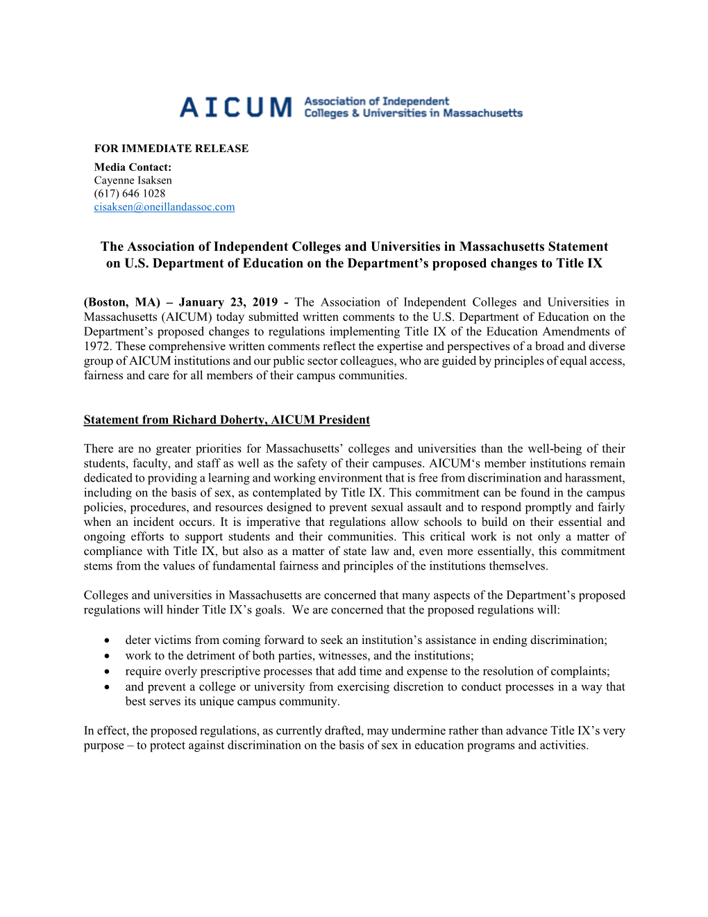 The Association of Independent Colleges and Universities in Massachusetts Statement on U.S
