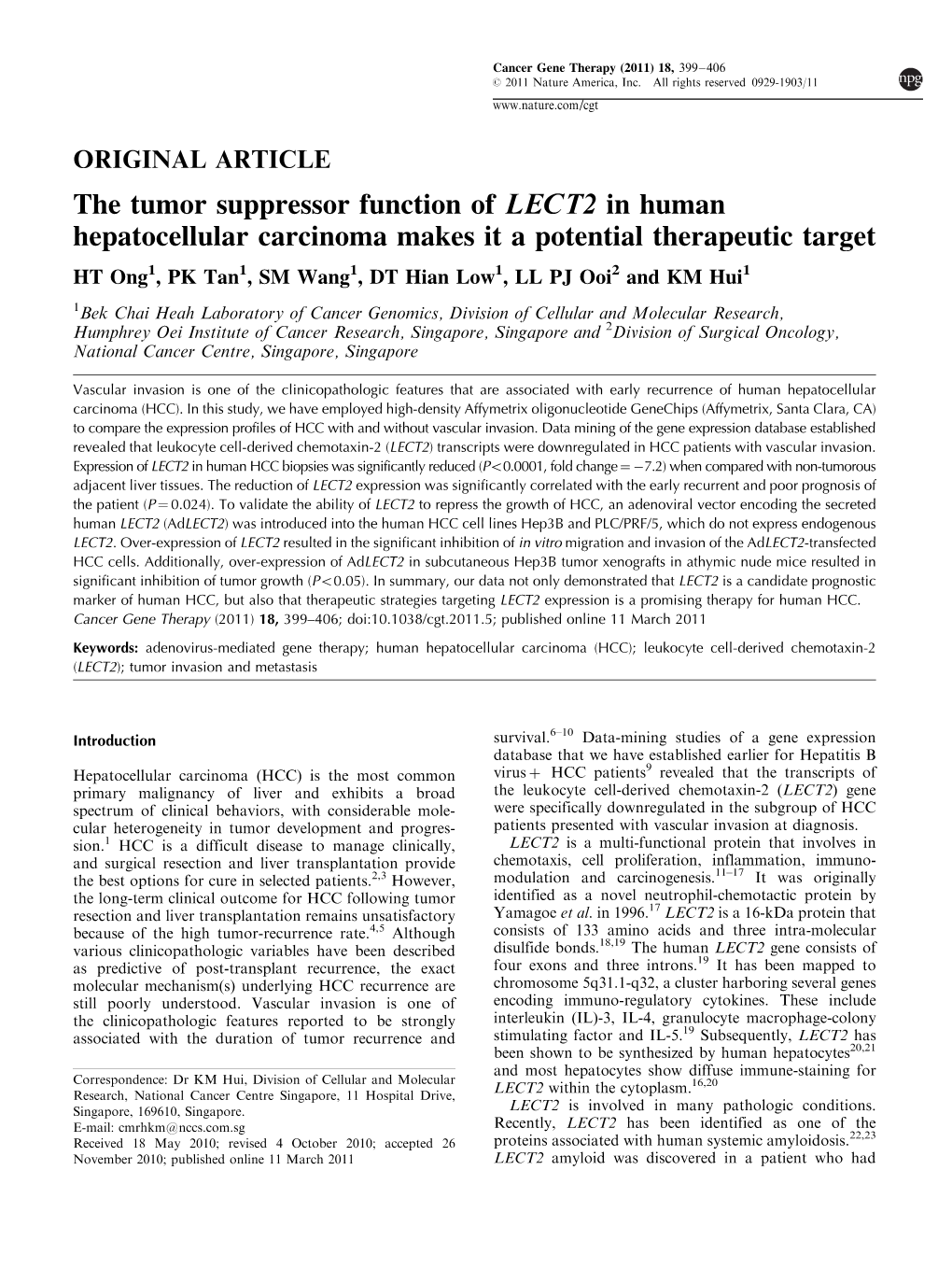 The Tumor Suppressor Function of LECT2 in Human Hepatocellular Carcinoma Makes It a Potential Therapeutic Target