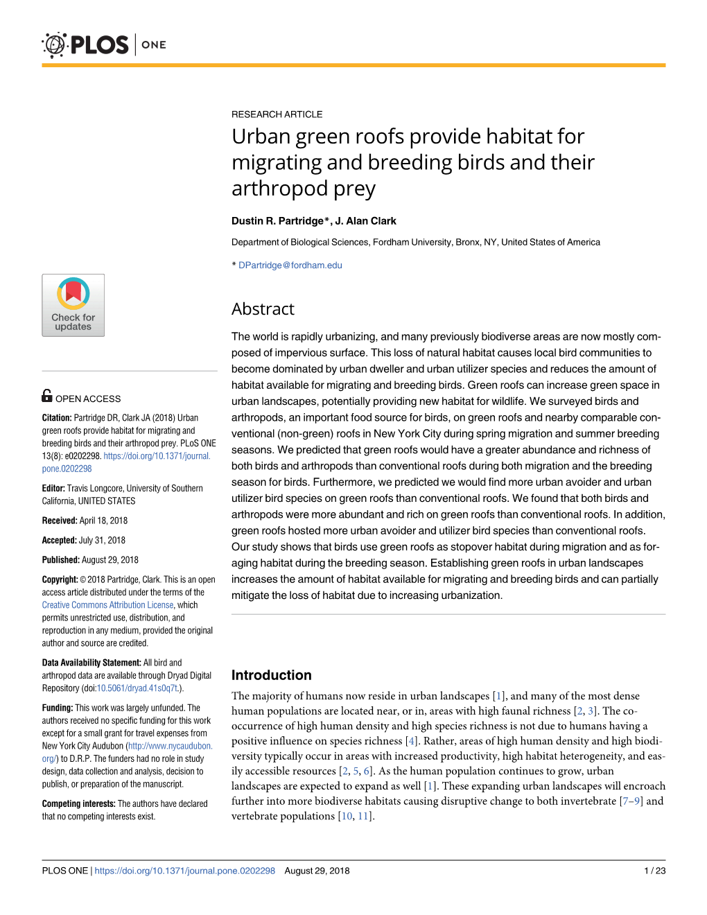 Urban Green Roofs Provide Habitat for Migrating and Breeding Birds and Their Arthropod Prey