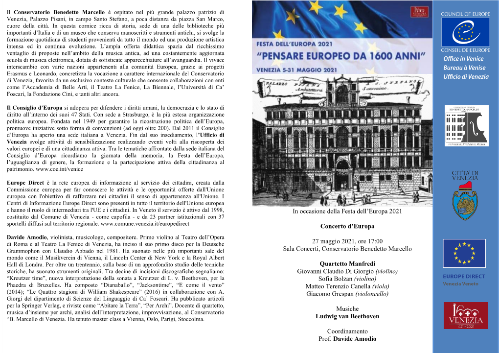 In Occasione Della Festa Dell'europa 2021 Concerto D'europa 27 Maggio 2021, Ore 17:00 Sala Concerti, Conservatorio Benedetto