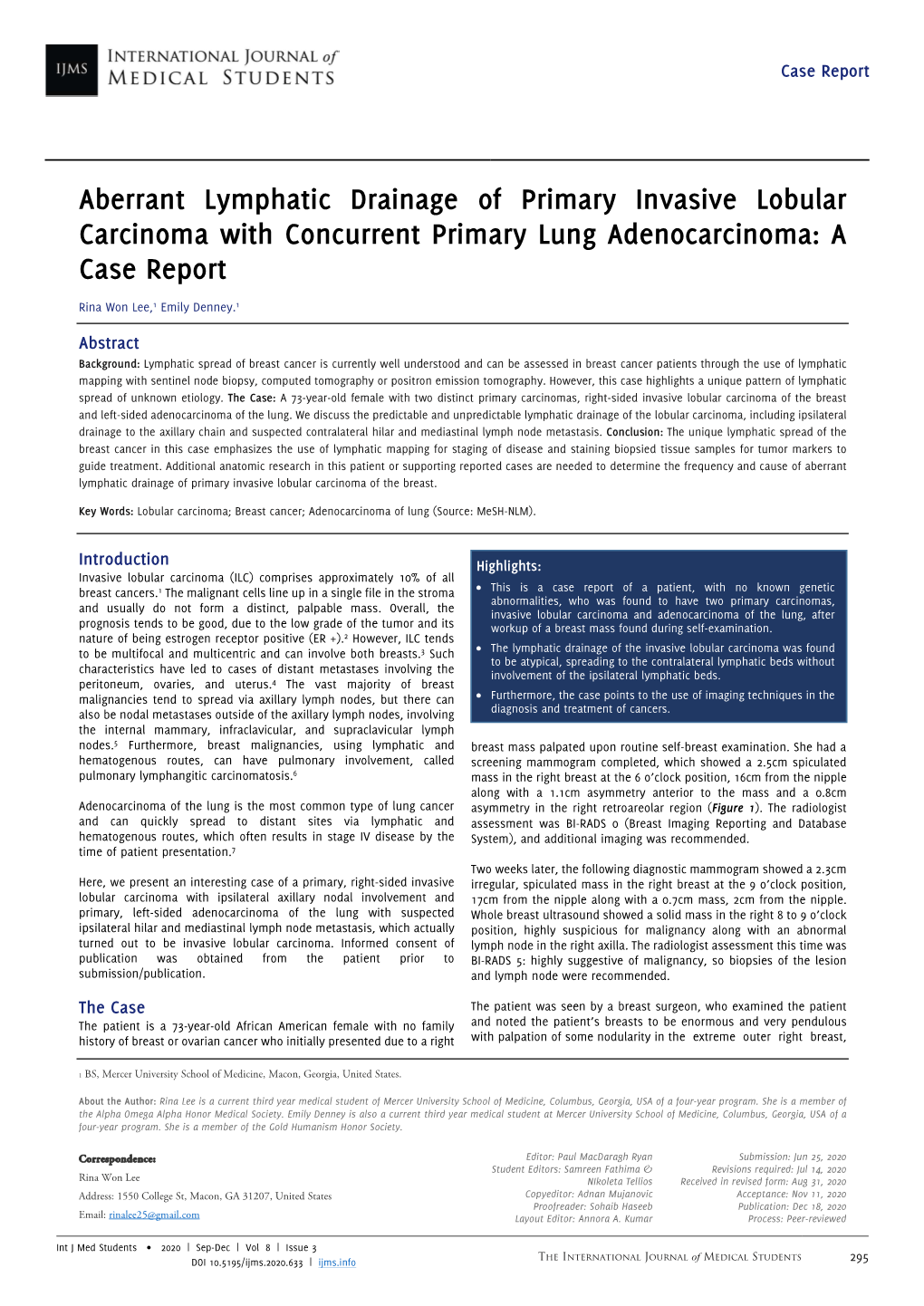 Aberrant Lymphatic Drainage of Primary Invasive Lobular Carcinoma with Concurrent Primary Lung Adenocarcinoma: a Case Report