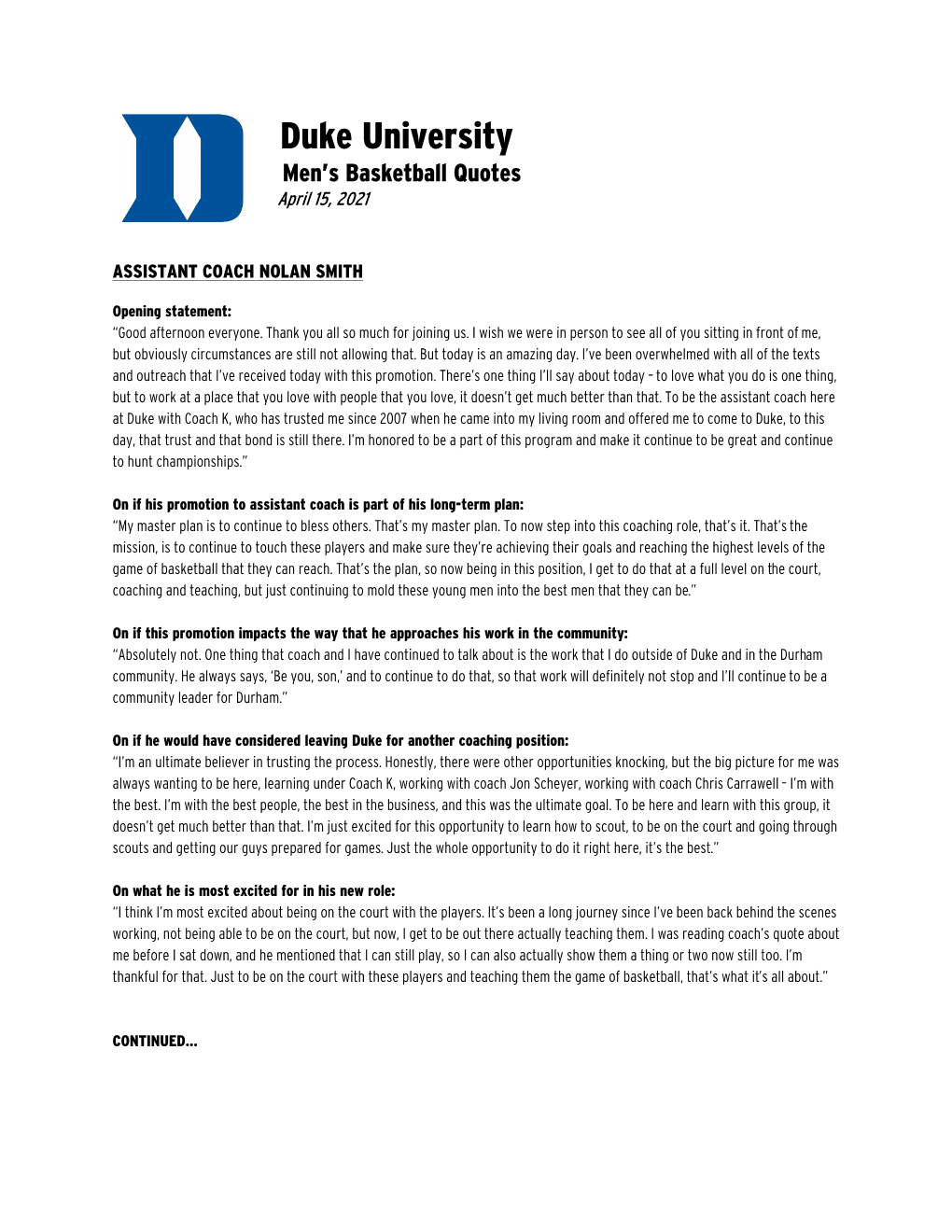 Duke University Men’S Basketball Quotes April 15, 2021