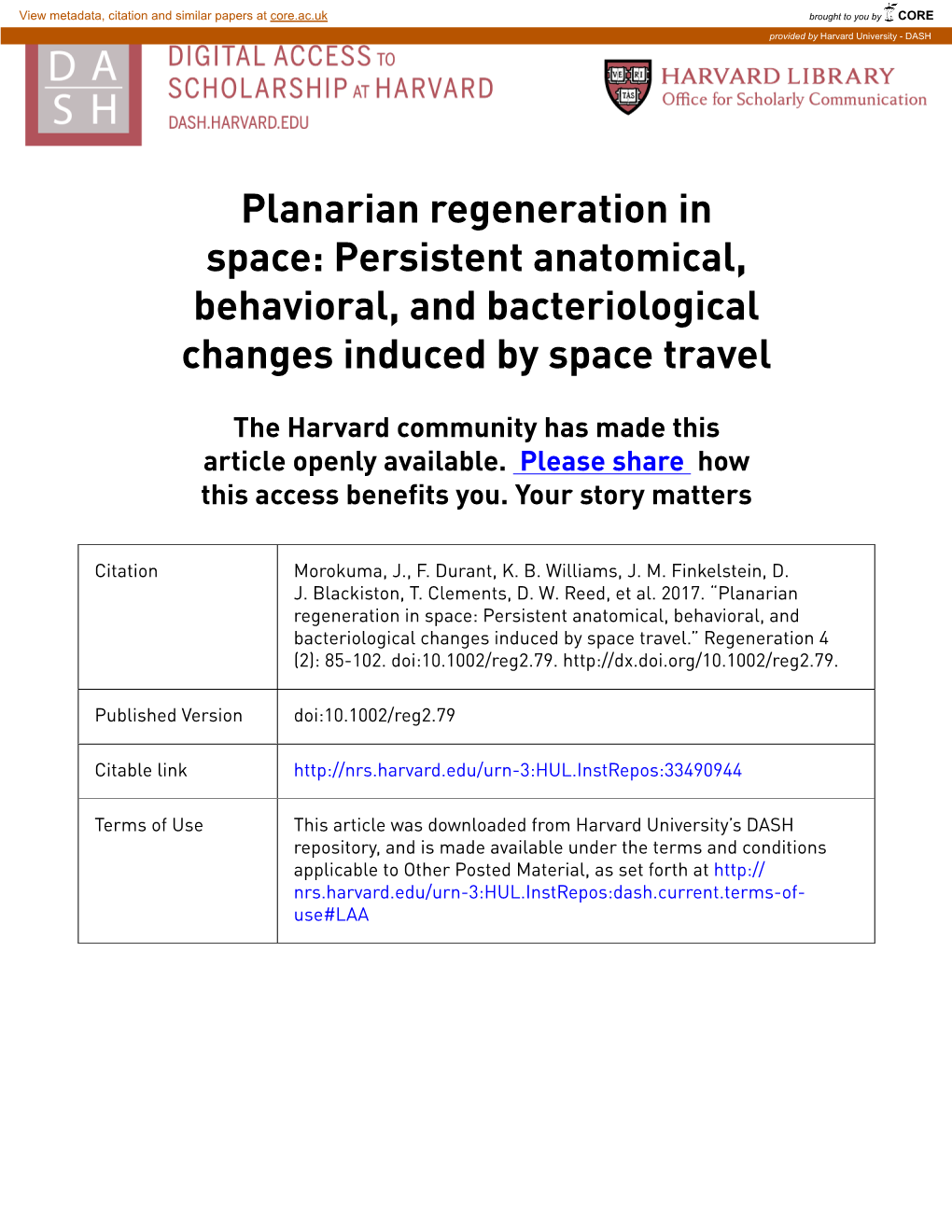 Planarian Regeneration in Space: Persistent Anatomical, Behavioral, and Bacteriological Changes Induced by Space Travel