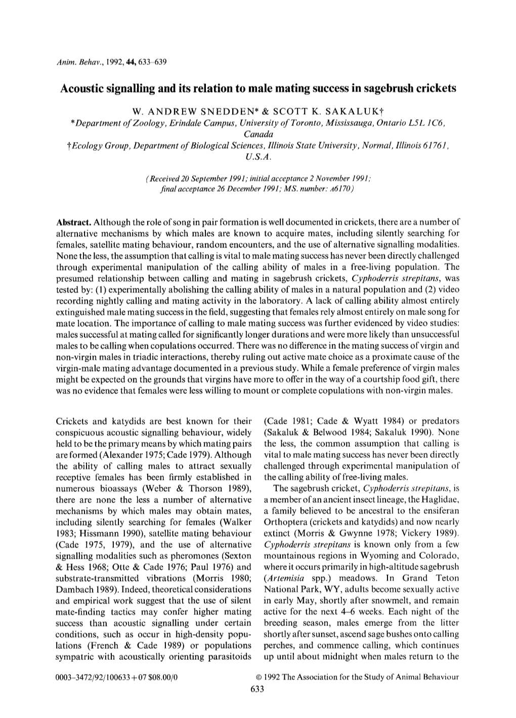 Acoustic Signalling and Its Relation to Male Mating Success in Sagebrush Crickets