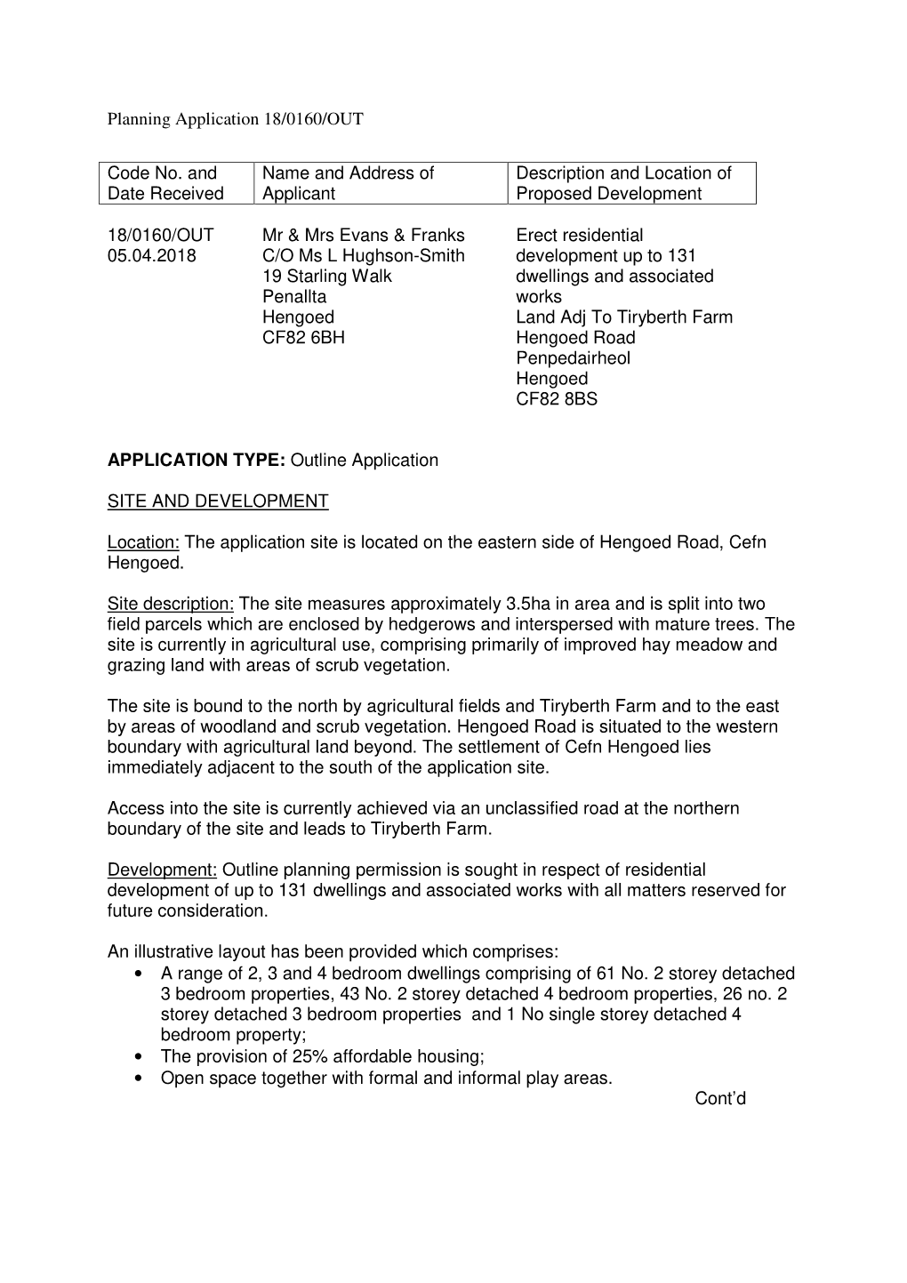 Planning Application 18/0160/OUT