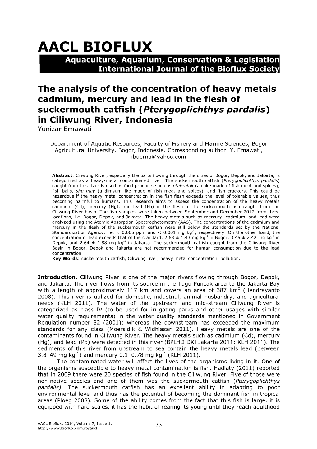 The Analysis of the Concentration of Heavy Metals Cadmium, Mercury and Lead in the Flesh of Suckermouth Catfish (Pterygoplichthys Pardalis) in Ciliwung River, Indonesia