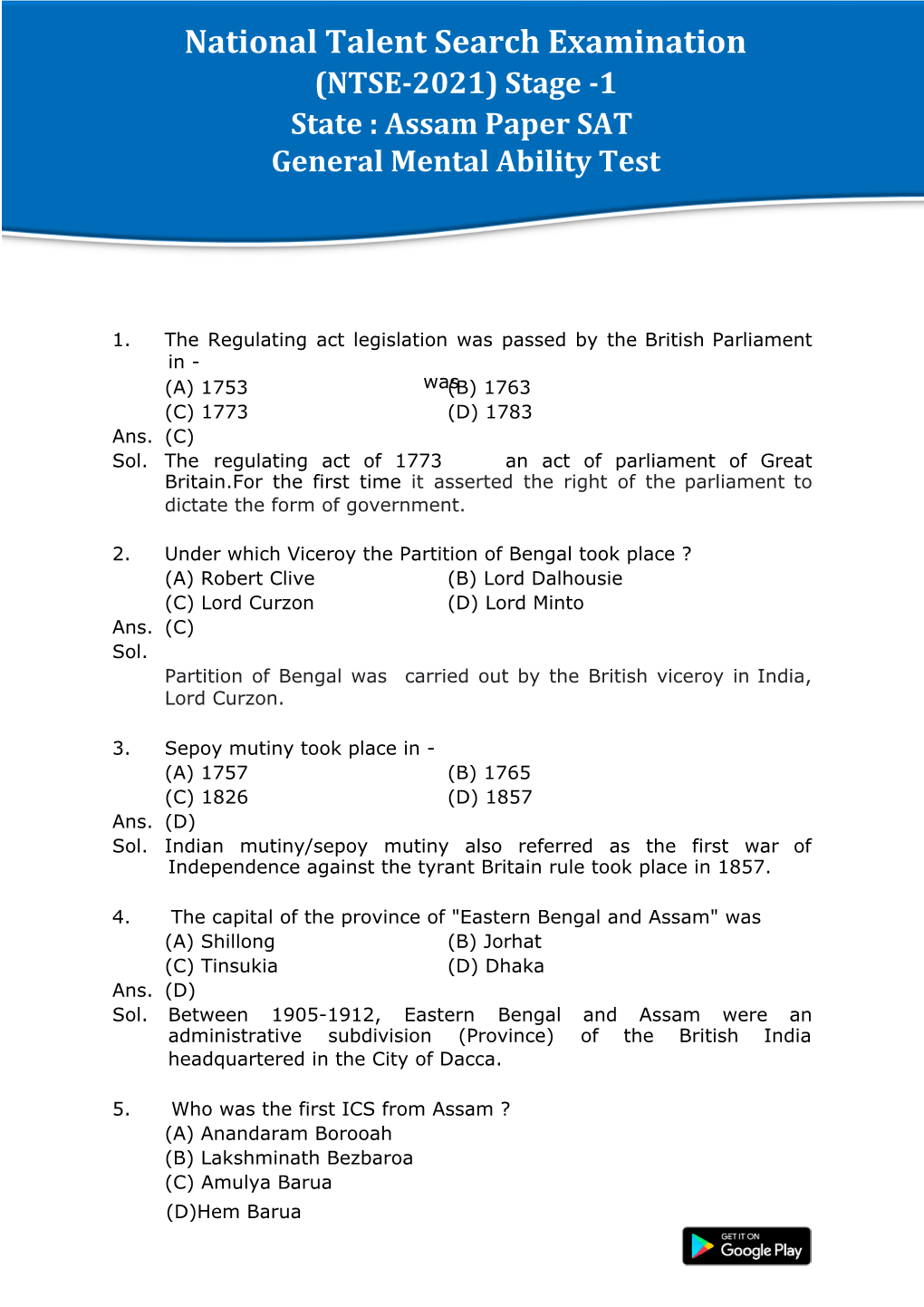 National Talent Search Examination (NTSE-2021) Stage -1 State : Assam Paper SAT General Mental Ability Test