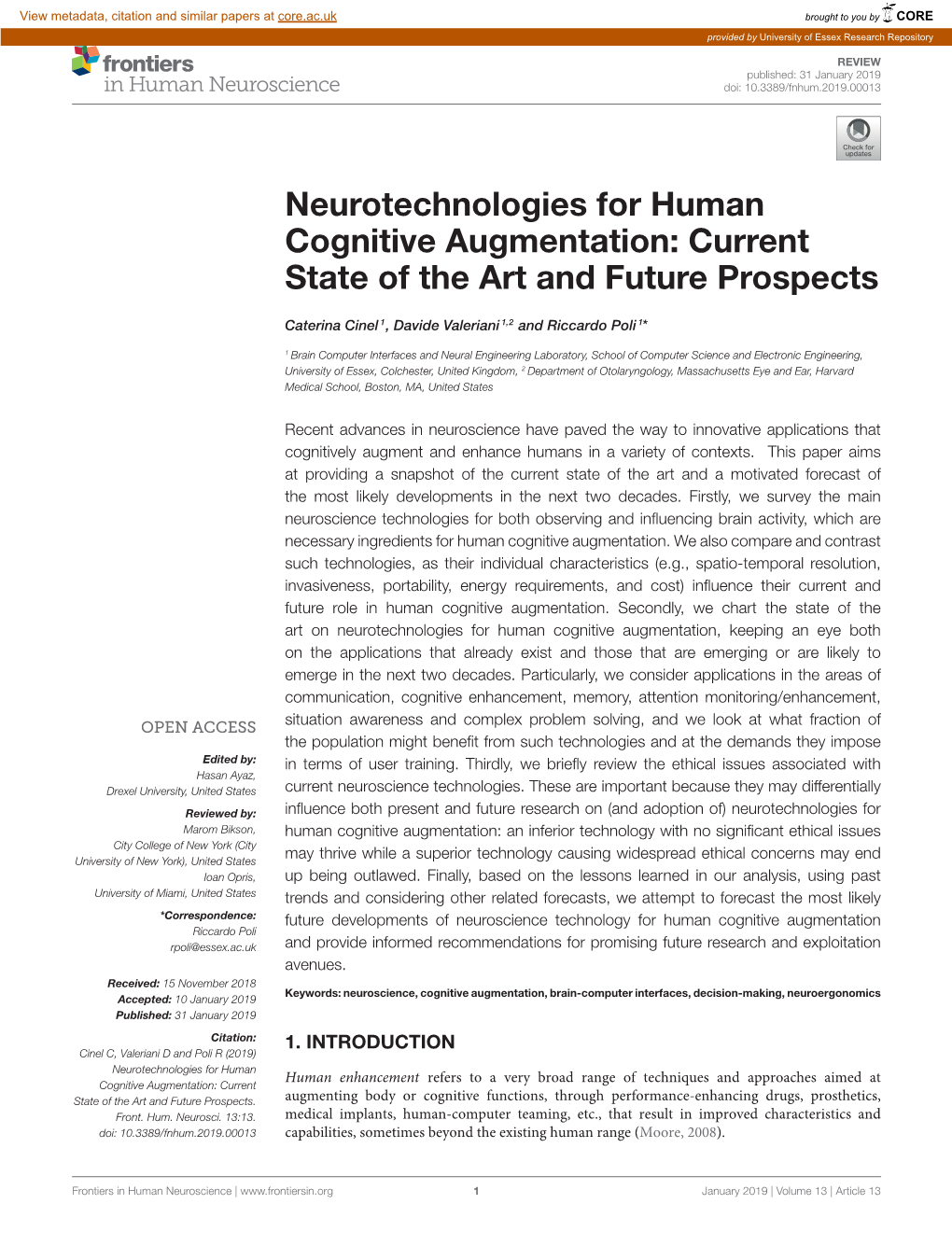 Neurotechnologies for Human Cognitive Augmentation: Current State of the Art and Future Prospects