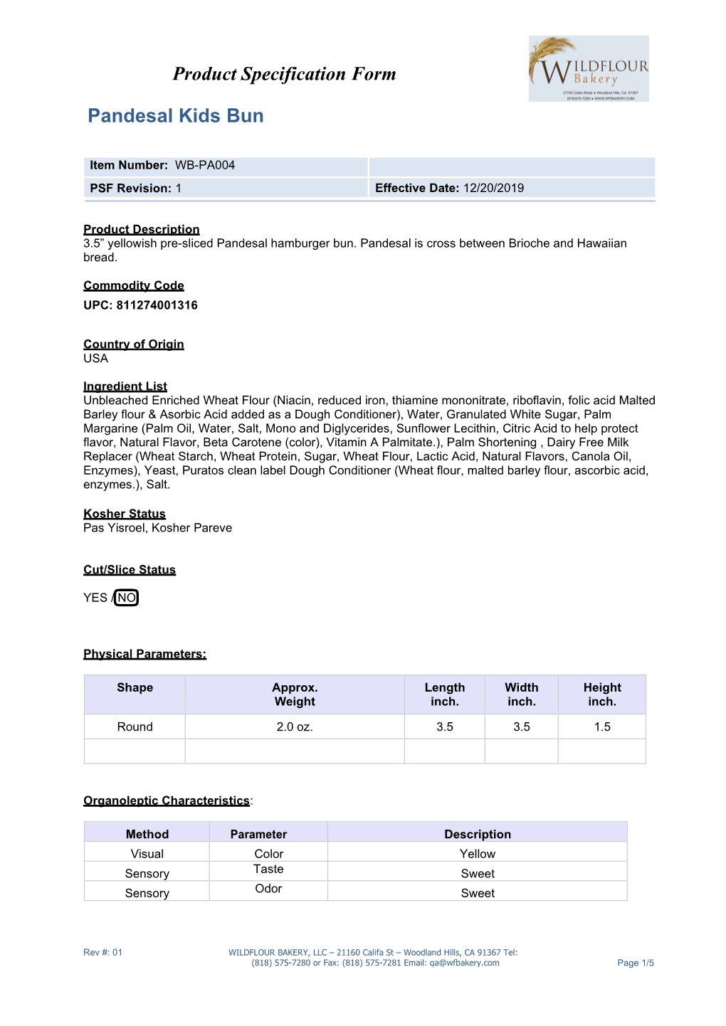 Product Specification Form Pandesal Kids