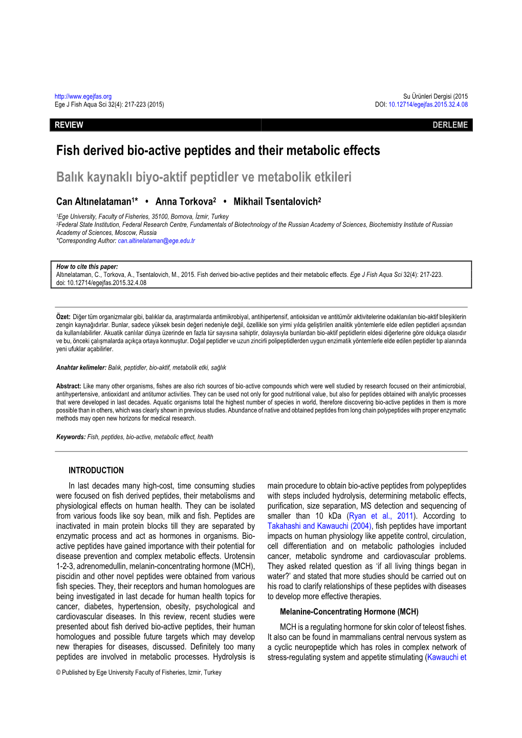Fish Derived Bio-Active Peptides and Their Metabolic Effects Balık Kaynaklı Biyo-Aktif Peptidler Ve Metabolik Etkileri