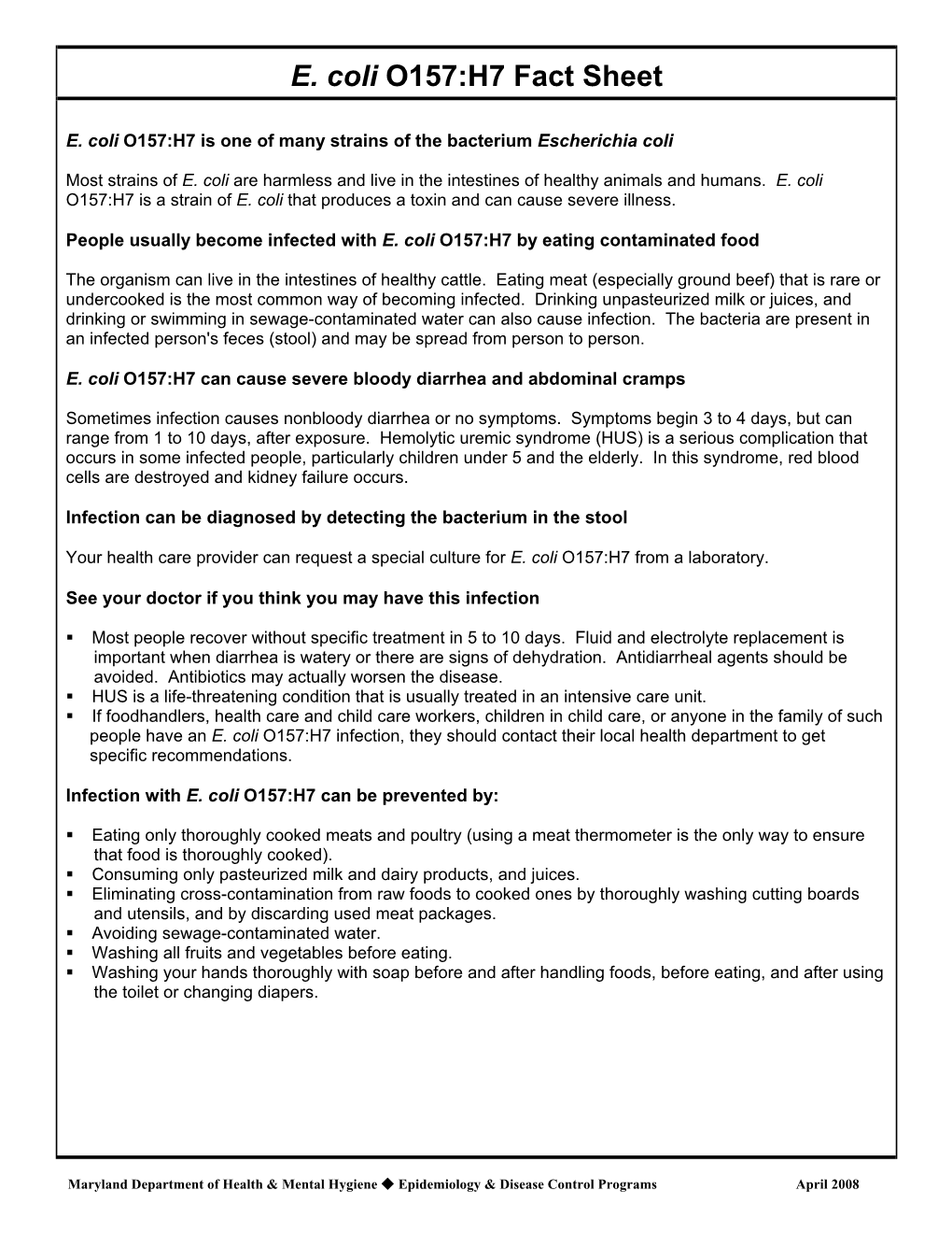 E. Coli O157:H7 Fact Sheet