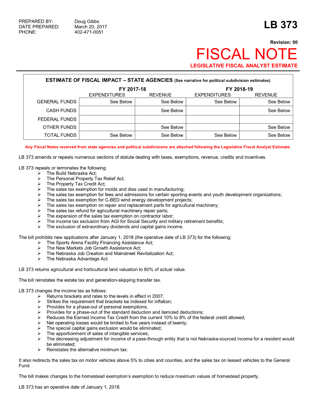 Fiscal Note Legislative Fiscal Analyst Estimate