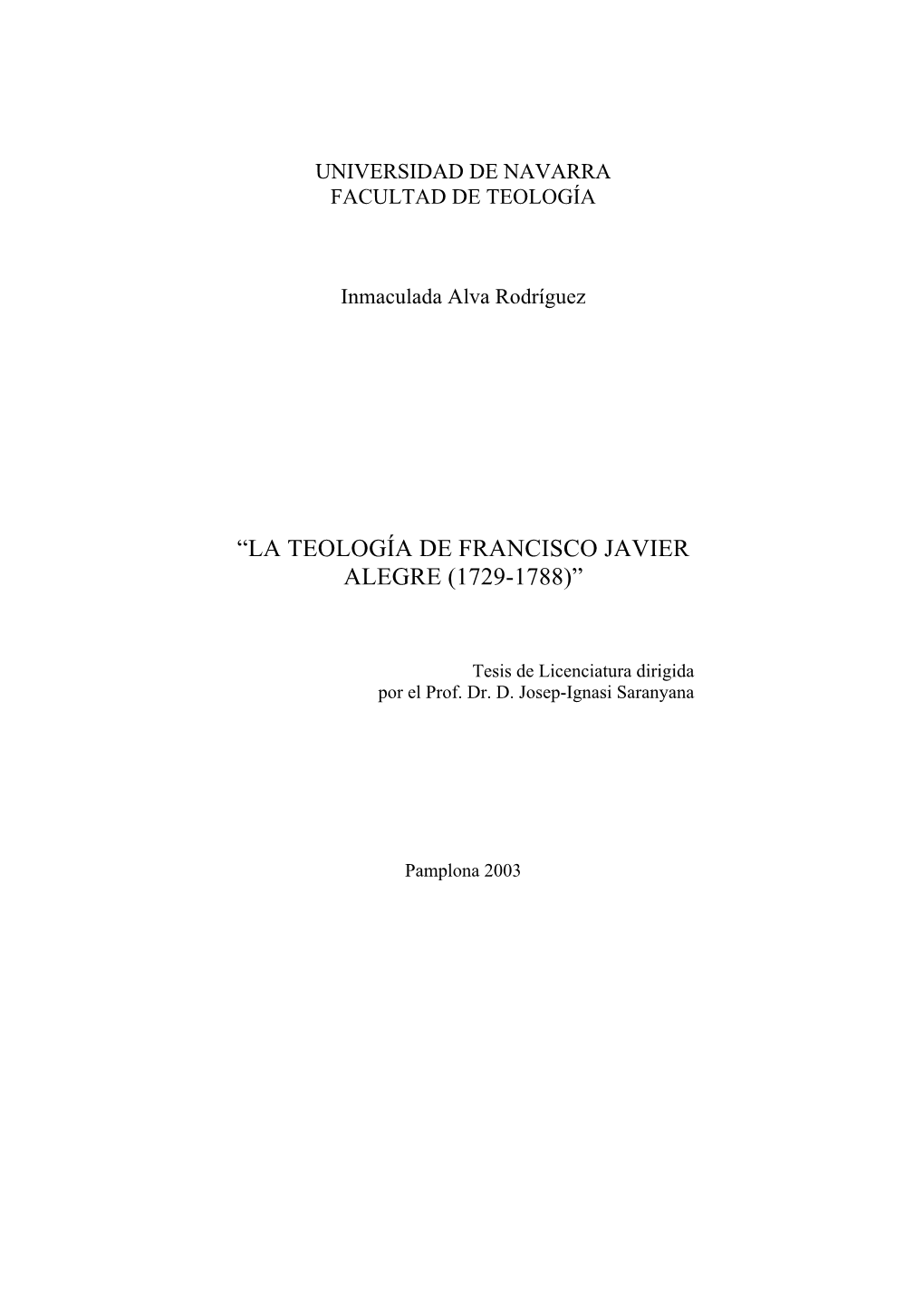 “La Teología De Francisco Javier Alegre (1729-1788)”