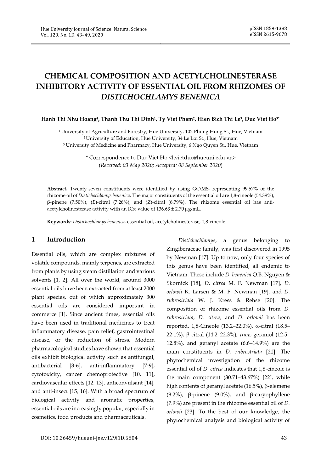 Chemical Composition and Acetylcholinesterase Inhibitory Activity of Essential Oil from Rhizomes of Distichochlamys Benenica