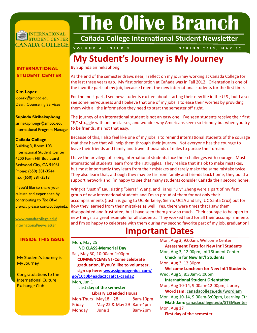 The Olive Branch Cañada College International Student Newsletter